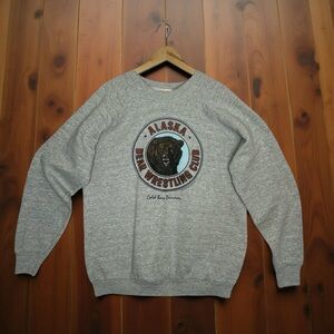 VINTAGE Gray Alaska Bear Wrestling Club Crewneck Sweatshirt Size XL